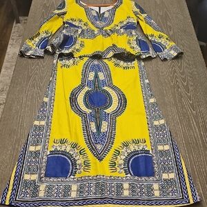 Elegant Yellow and Blue Long Sleeve African Blouse and Skirt - Custom